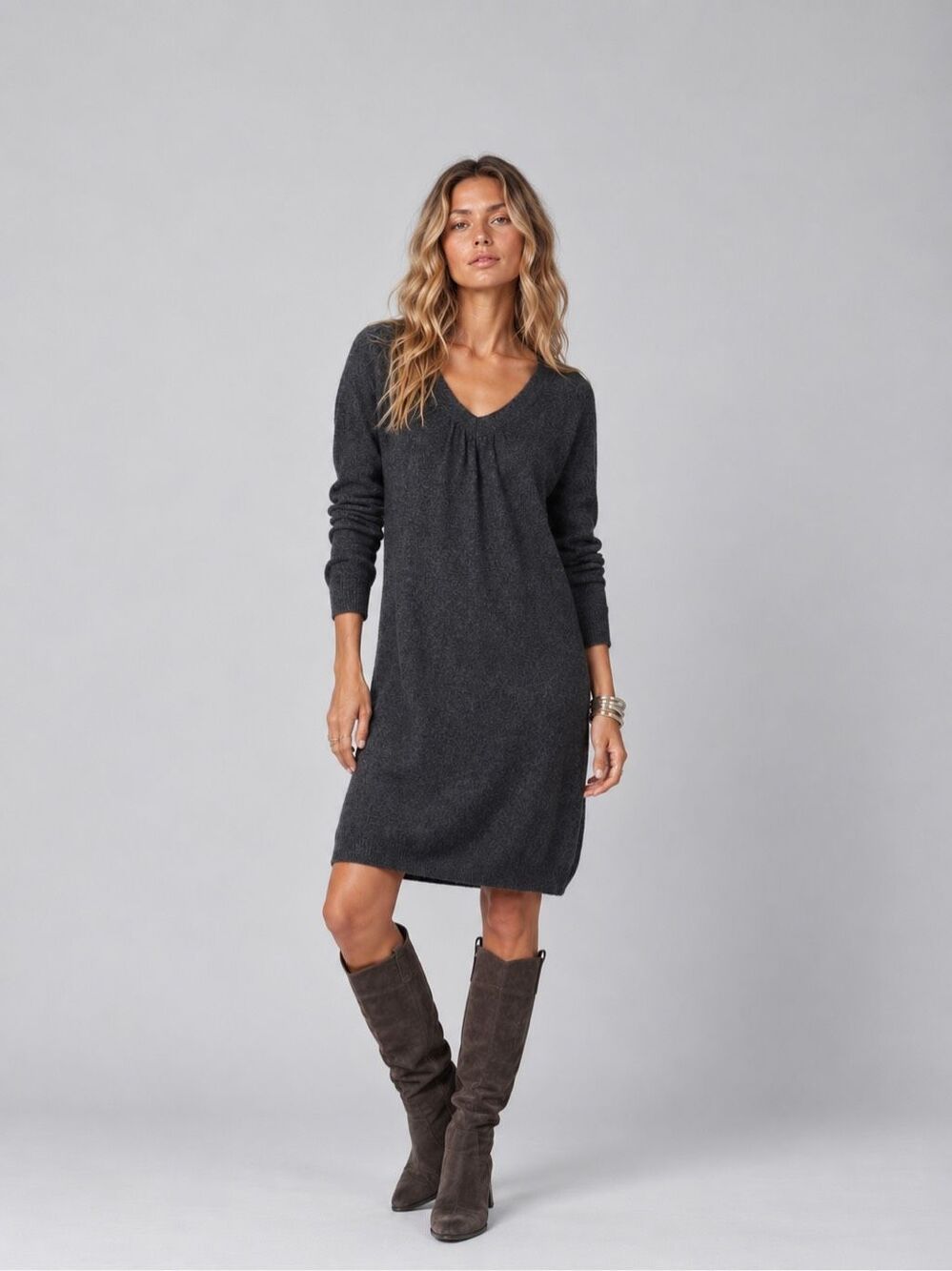 Vince 100% Cashmere Charcoal Gray V-Neck Sweater Dress Size M (A)